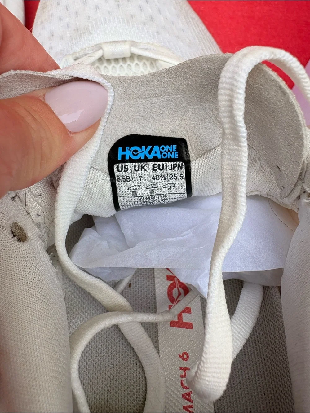 Hoka Mach 6 White Running Shoes with Coral Accent